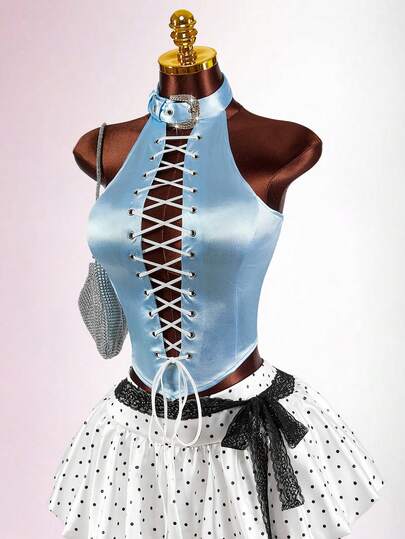 Romantic Blue Satin Rhinestone Button Design High Neck Sleeveless Front Tie Blouse For Women
