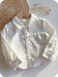 SHEIN Ropa de bebé niño, blusa de manga larga tejida de cuello blanco versátil y casual, estilo minimalista básico y cómodo, adecuado para primavera, verano, otoño, invierno, interior, exterior, diario, deportes, fiesta, sesión de fotos, festival, ropa de calle, Navidad, Año Nuevo, regreso a la escuela, camisa de bebé con botones - Blanco - Ver 1