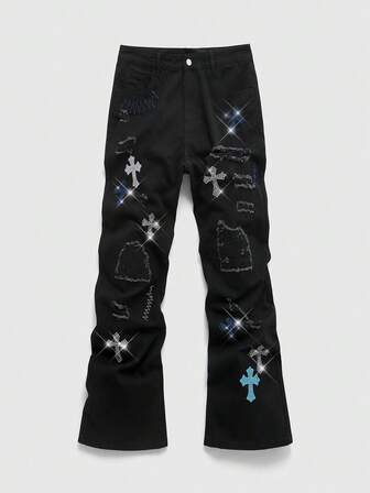 Herren Jeans mit Strass-Kreuz-Grafik, Tasche und Destroyed-Effekt