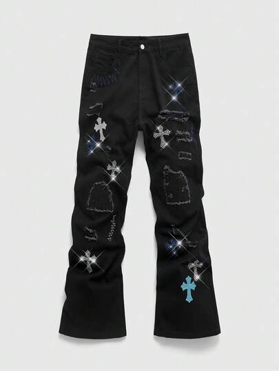 Herren Jeans mit Strass-Kreuz-Grafik, Tasche und Destroyed-Effekt