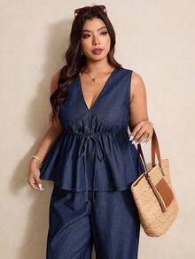 Elaquor 大码女式V领系带牛仔背心和阔腿牛仔裤两件套 - 深色水洗藍 - 查看 4