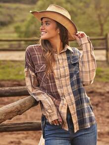 WESTFADE Mixed Brown Plaid Collared Button Front Long Sleeve Boyfriend Shirt Autumn,Casual,Occasion Winter,Boho,Western Nashville Cowgirl Holiday Christmas NYE - Brown - View 1