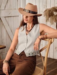 Wildy 波西米亚风女士休闲乡村蕾丝拼接无袖背心衬衫，秋冬日常百搭单品 - 杏色 - 查看 3