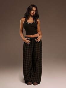 SHEIN ICON 女士棕色宽松格子简约休闲裤 - 彩色 - 查看 4