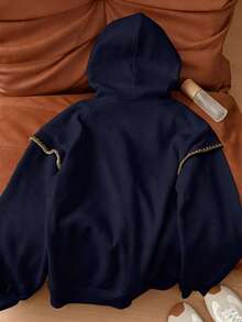 INAWLY هوديز نسائية مقاسات كبيرة / طباعة تطريز مقلد بنمط رجعي / هوديز رجعية كاجوال أنيقة / هوديز كاجوال بسيطة أنيقة / ملابس علوية أنيقة / هوديز ممتعة / هوديز مقاسات كبيرة بياقة طاقم وأكمام طويلة للخريف/الشتاء / بلوفرات نسائية للربيع، هوديز ملونة مزينة بالدانتيل، ملابس علوية بأكمام طويلة، هوديز للعودة إلى المدرسة في الخريف/الشتاء - أزرق بحري - مشاهدة 2