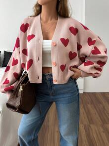 EURMUSE Women's Casual Commuter Cardigan With Allover Heart Pattern, Dropped Shoulder, Loose Lantern Sleeve, Cropped Length, Button Front, Lightweight, Suitable For Autumn/Winter, Valentine's Day - Pink - View 5