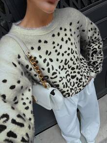 EURMUSE Moher Yarn Pullover Leopard Pattern Pullover Fall Winter - Black - View 6