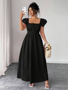 Elenzga 大码女式蝴蝶结前襟荷叶袖方领修身腰身优雅休闲连衣裙 - 黑色 - 查看 7