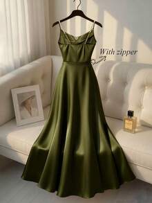 SHEIN Franclia 女士优雅缎面珍珠吊带裙，A 字廓形，适合通勤、派对和活动