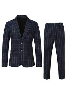Manfinity Bizformal Navy Blue Plaid Business Formal Suit Set For Men - Navy Blue - View 3
