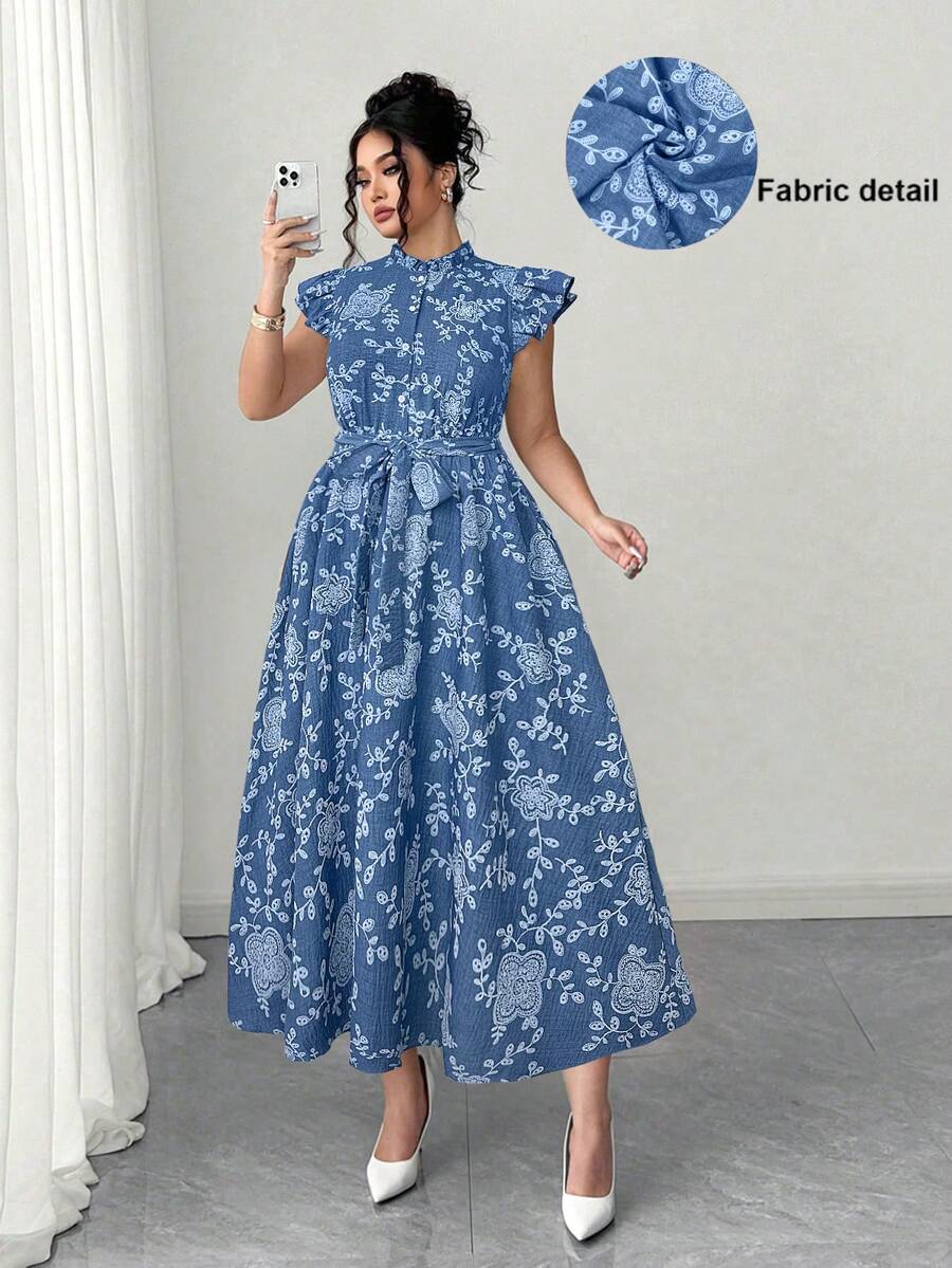 Elenzga Elegant Blue Floral Midi Dress For Women Stand Collar Ruffle Cap Sleeve A Line Flared Random Print Plus Size - Blue - View 1