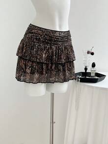 Elamini Chân váy ngắn mùa hè đính sequin họa tiết da báo với nhiều tầng bèo nhún – Lý tưởng cho tiệc năm mới và Giáng sinh. - màu nâu - Xem 3