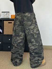 STEELVANCE 街头风迷彩工装裤，系带设计，宽松阔腿牛仔裤 - 軍綠色 - 查看 2