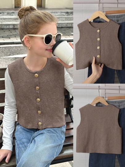 SHEIN Tween Girls Solid Color Casual Short Knitted Vest Knitted Cardigan Metal Button Style Knitted Vest Jacket