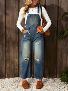 EMERY ROSE Mono vaquero casual con bolsillos desgastados para mujer, estilo callejero americano - Azul lavado medio - Ver 1