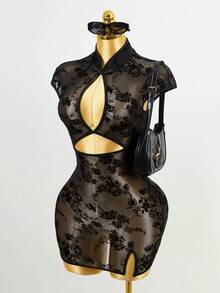 Mistrie Mandarin Collar Short Sleeve Flocked Cheongsam Sexy Elegant Hollow Out Mini Dress