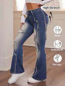 SHEIN ICON Jeans de pierna acampanada con efecto desgastado y ajuste delgado para mujer - Azul - Ver 1