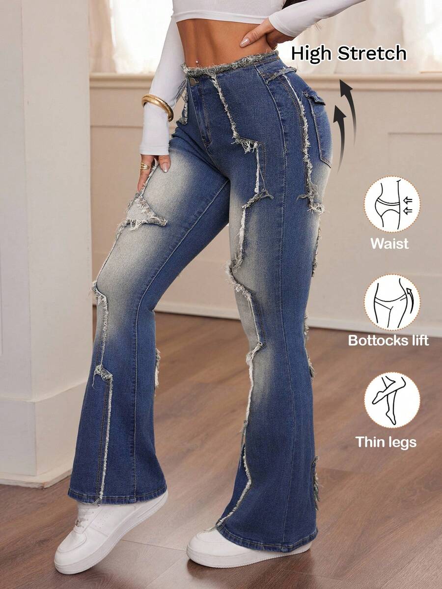 SHEIN ICON Jeans de pierna acampanada con efecto desgastado y ajuste delgado para mujer - Azul - Ver 1