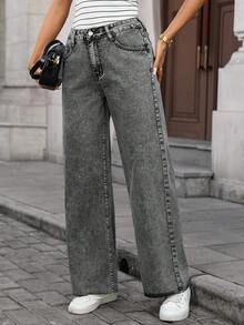 EMERY ROSE Jeans de pierna ancha de cintura alta con bolsillos, versátiles y casuales para mujer - Gris - Ver 5