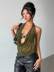 Aloruh Áo hở lưng hở cổ bán trong suốt gợi cảm mới với họa tiết kim loại - xanh quân đội - Xem 3