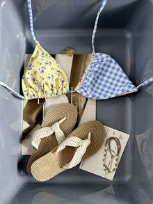 Swim Mod New Women's Summer 2-Piece Random Floral & Plaid Print Triangle Halter Bikini Top, Beach Vacation Swimwear - Multicolor - View 1