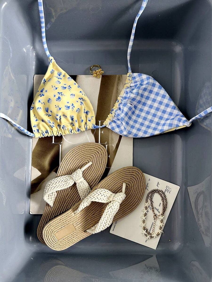 Swim Mod New Women's Summer 2-Piece Random Floral & Plaid Print Triangle Halter Bikini Top, Beach Vacation Swimwear - Multicolor - View 1