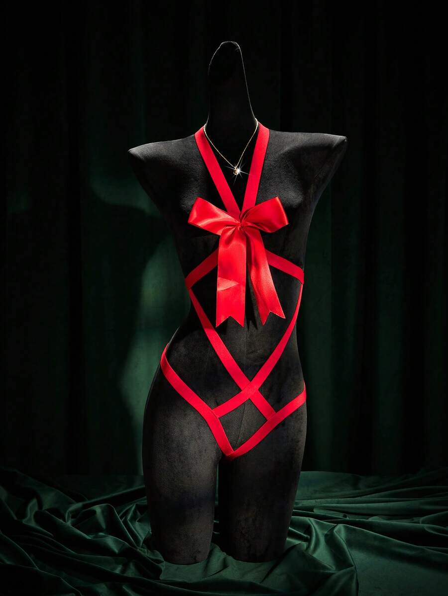 SpicyHot 1 pieza Mono con correas de bondage con lazo sexy, Día de San Valentín - Rojo - Ver 1
