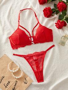 Esselle 2pcs Women Lace Spliced Front Button Halter Crop Top Set - Red - View 3