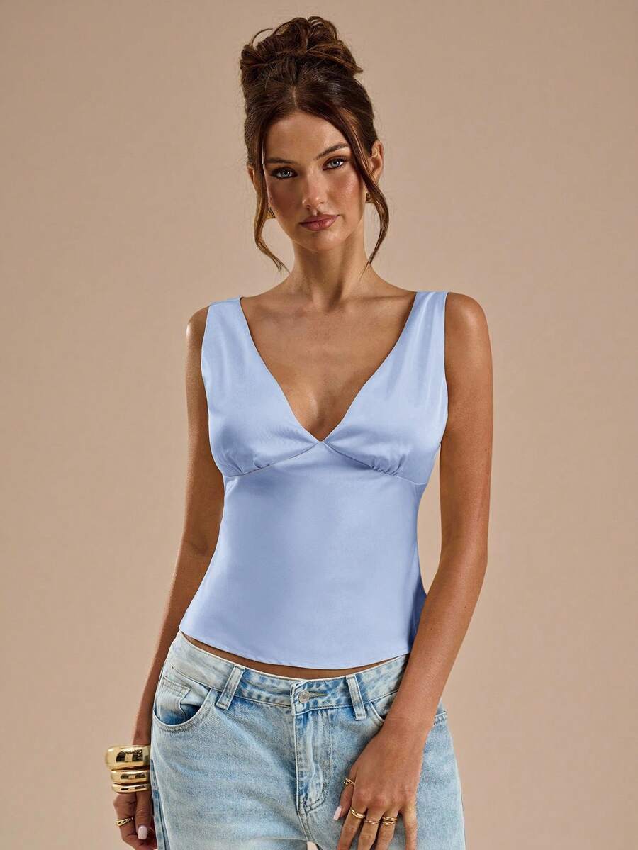 SHEIN BAE Satin Tie Back Tank Top, Suitable For Vacation, Beach , Music Festival , Brunch, Wedding Guest , Bridesmaid , Spring/Summer - Baby Blue - View 1