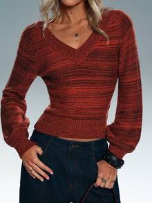 TRNVIE Women's V-Neck Fashionable Versatile Long Sleeve Sweater, Autumn/Winter - Brown - View 4