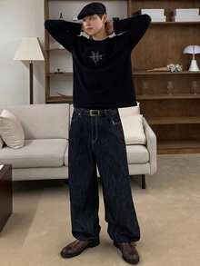 Men's Navy Blue Blue Raw Denim Jeans With Adjustable Elastic Waistband, Autumn - Blue - View 3