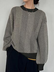 FRIFUL Women's Casual Loose Fit Colorblock Round Neck Drop Shoulder Long Sleeve Sweater, Versatile Autumn Outerwear - Black - View 2