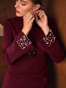 MOTF PREMIUM 2PCS ELEGANT FITTED SWEATER WITH PEARL CUFF DECOR & WIDE LEG KNIT PANTS, AUTUMN/WINTER - Burgundy - View 8