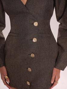 Avenya Vestido corto casual de uso diario/trabajo con cuello cruzado, mangas farol y botones metálicos delanteros para mujer, primavera/otoño - Café integral - Ver 2