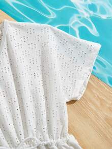 SHEIN 青少年女孩 V 领流苏装饰打结短袖休闲罩衫