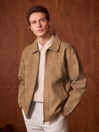 Officeau 1 Piece Men's Vintage Worn Full Zipper Lapel Leather Jacket, Spring Autumn Men's Motorcycle Style Casual PU Leather Coat.