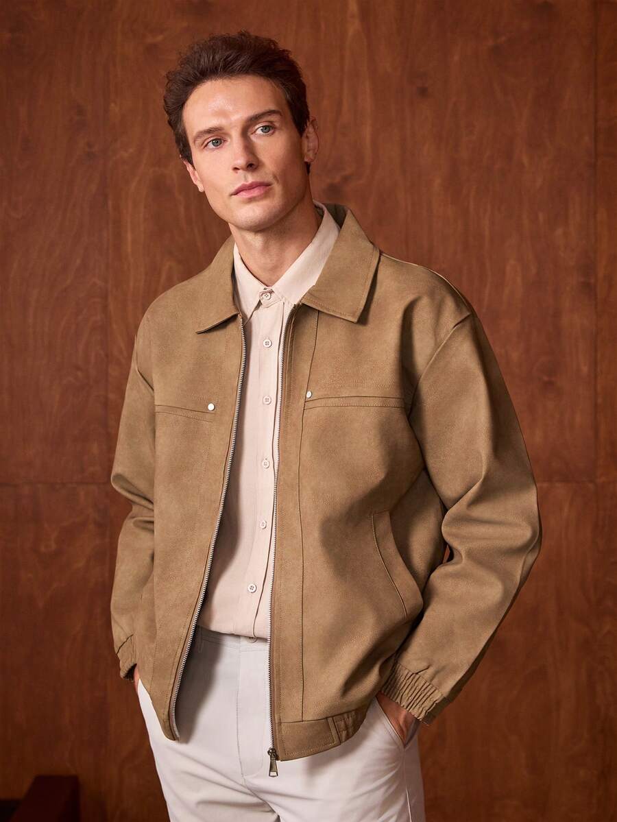 Officeau 一件男士复古做旧全拉链翻领皮夹克，春秋季男士摩托车风格休闲PU皮外套。 - 咖啡棕 - 查看 1