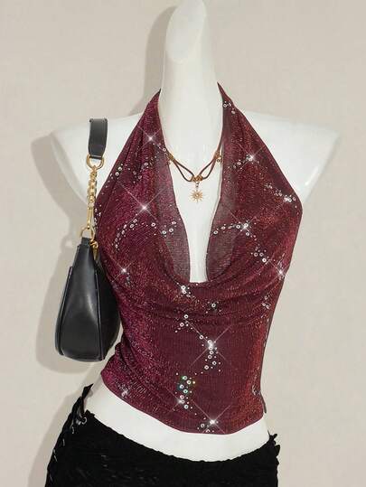 SHEIN ICON 女士新年闪亮性感酒红色纯色亮片拼接露背垂褶优雅无袖上衣