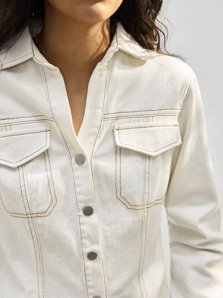 SHEIN Maija 여성 패셔너블 캐주얼 싱글 브레스트 긴소매 데님 셔츠