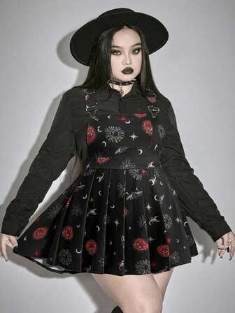 Robe salopette gothique grande taille avec imprimé graphique sombre