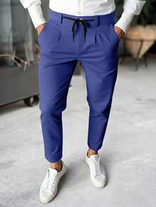 Manfinity Mode Pantalones de traje casuales de hombre con cintura con cordón, ajuste delgado, unicolor, adecuados para el trabajo y el transporte - Azul - Ver 5