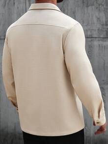 Manfinity CasualCool Plus Size Men's Casual Fashion Street Style Simple Solid Color Lapel Collar Flap Pocket Shacket, Autumn Beige Men Cream Button Up Men Long Sleeve Button Up Shacket Casual Shirt With Two Pockets Long Sleeve For Men - Apricot - View 2