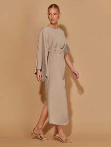 COSMINA 女士优雅金属扣褶皱长袖连衣裙，适合派对和通勤等各种场合，四季皆宜 - 卡其色 - 查看 6