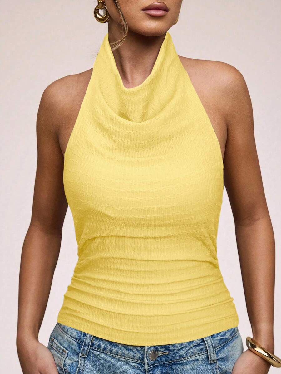 SHEIN BAE 女士纯色吊带露背时尚性感夏季吊带背心 - 黃色 - 查看 1
