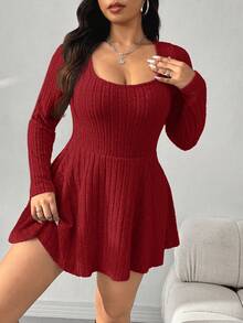 SHEIN EZwear Plus Size Women's Casual Ribbed Knit Crew Neck Cinched Waist Short Jumpsuit Pants, Spring/Autumn - Red - View 4