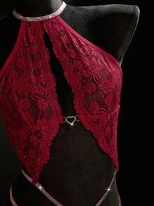 SpicyHot Bộ đồ liền thân hở lưng ren và ruy băng kim loại gợi cảm - Màu Đỏ Sâu - Xem 7