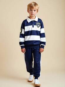 Casuvi Kids 5-Piece Set: Casual Striped & Plaid Letter Print Polo Collar Long Sleeve Sweatshirt + Elastic Waist Jogger Pants, Loose Fit, Suitable For Boys, Spring/Summer/Autumn, Versatile For Daily Wear, Birthday Party, School Activities, Family Gathering, Formal Occasions - Multicolor - View 9