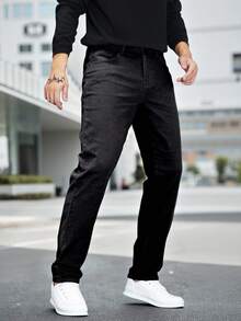 Manfinity Homme Plus Size Men's Simple And Fashionable Denim Long Black Pants, Suitable For Summer - Black - View 7