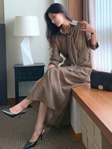 DAZY 女士棕色衬衫式收腰休闲中长连衣裙 - 棕色 - 查看 3