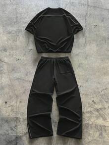 AXEPEAK Men's Geometric Print Round Neck Short Sleeve T-Shirt And Wide Leg Pants Casual Suit - Black - View 2